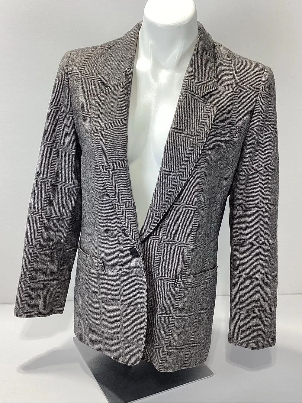 Vintage Pendleton Virgin Wool Gray Herringbone Blazer Petite Size 10